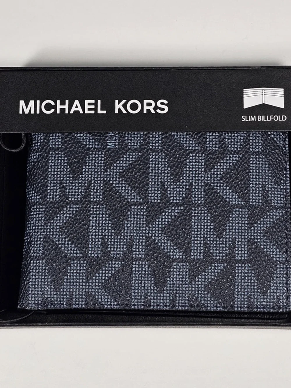 New in box Michael Kors slim Andy billfold wallet in black and blue monogram NEW - Picture 2 of 11